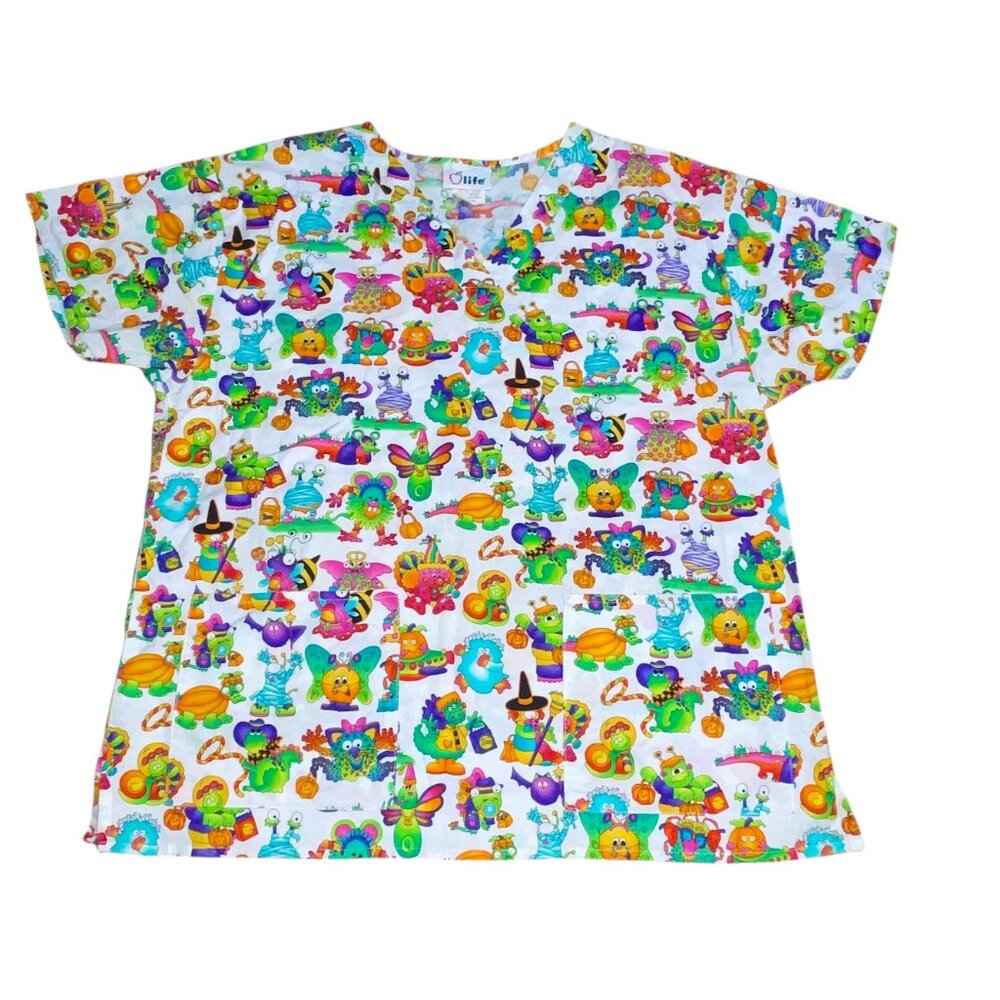 Life Uniform Whimsical Crazy Monsters Clowns Butterflies Large White Scrub Shirt